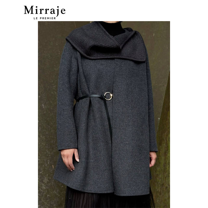 Mirraje冬季羊绒大衣围巾可拆卸圆领高级双面绒羊毛毛呢新款