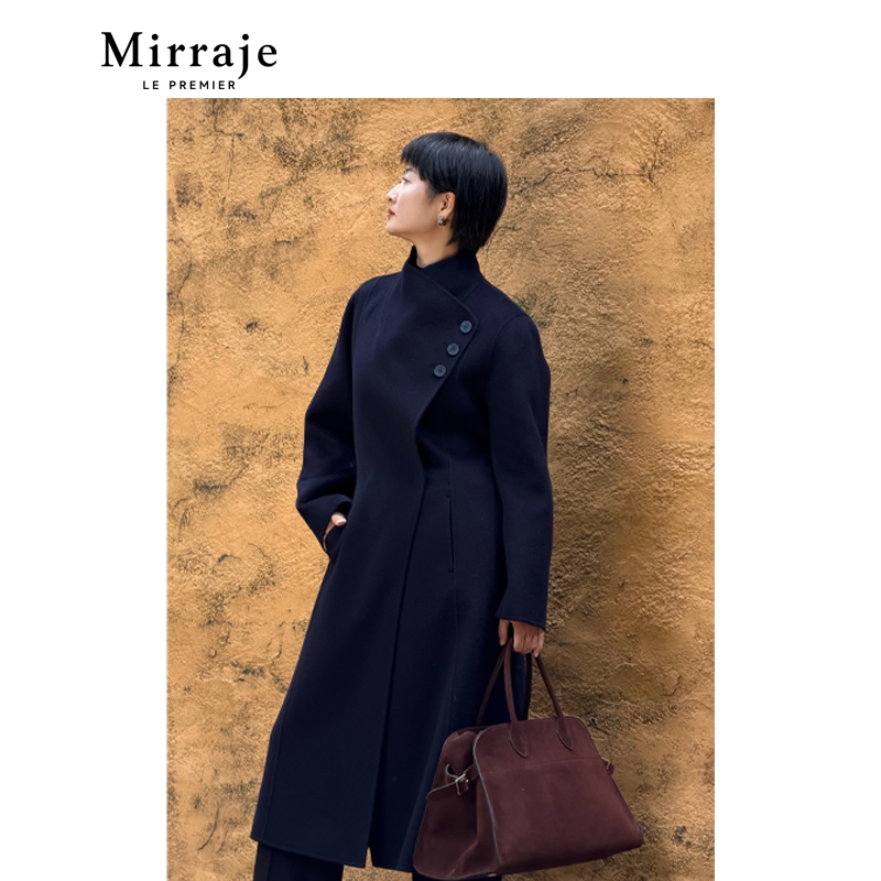 Mirraje立领双面呢长款外套羊毛大衣藏蓝色冬季新款