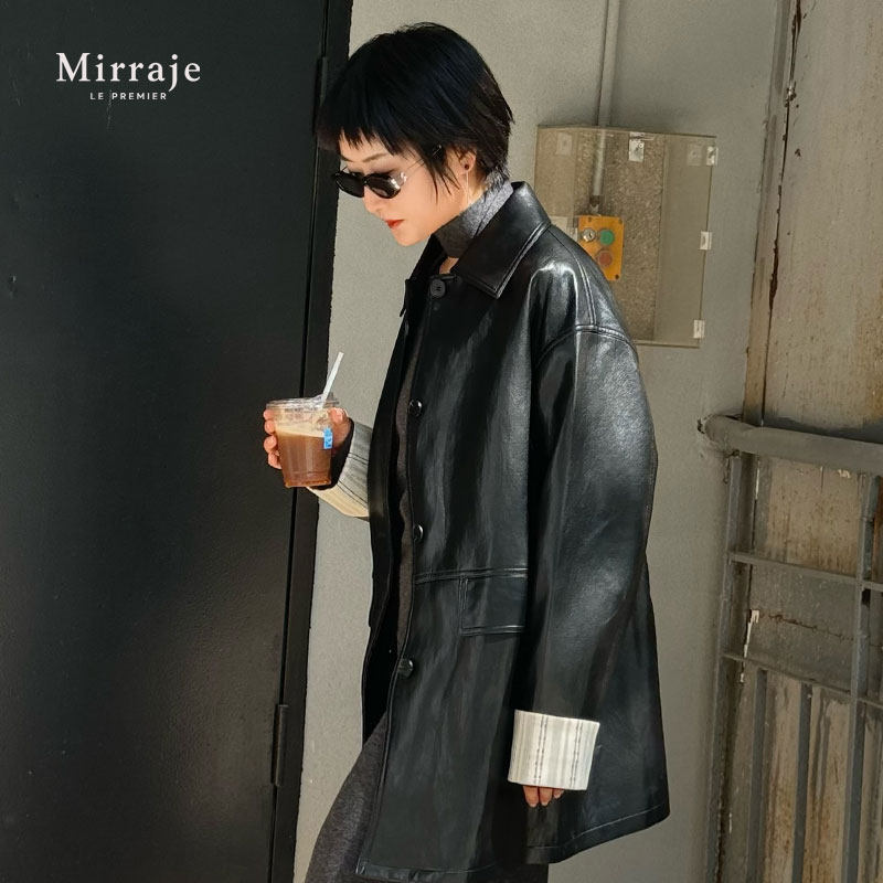 Mirraje宽松翻领袖口撞色廓形蛋白皮外套夹克女显瘦皮衣高级感