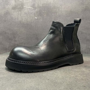 日系复古圆头切尔西靴男头层牛皮加绒短靴手工做旧男靴厚底马丁靴