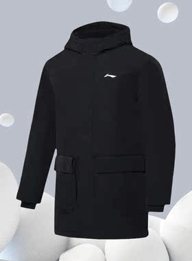 李宁冬季新品运动系列男子外穿休闲保暖连帽中长款棉服AFMR013