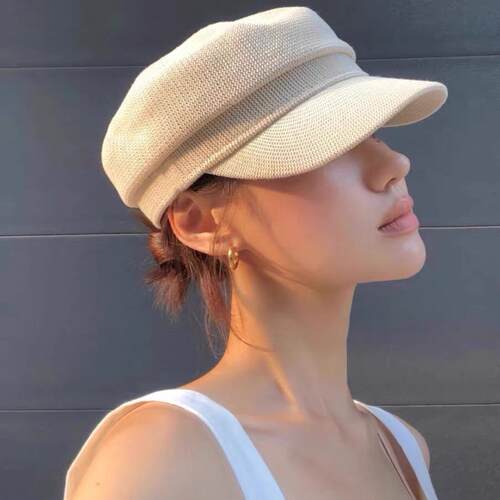 春夏报童帽简约透气亚麻白色黑色鸭舌帽遮阳画家帽显脸小八角帽潮