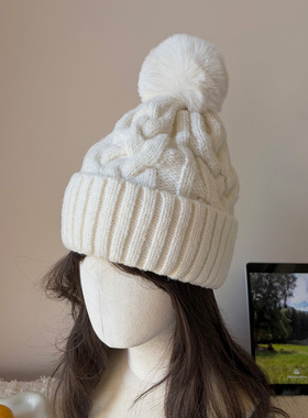 麻花针织双层毛线帽秋冬季新款毛球针织帽子女加绒加厚保暖帽冷帽