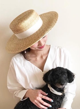麦秆草帽女2025新款百搭平顶礼帽夏天法式度假遮阳帽子大檐草编帽