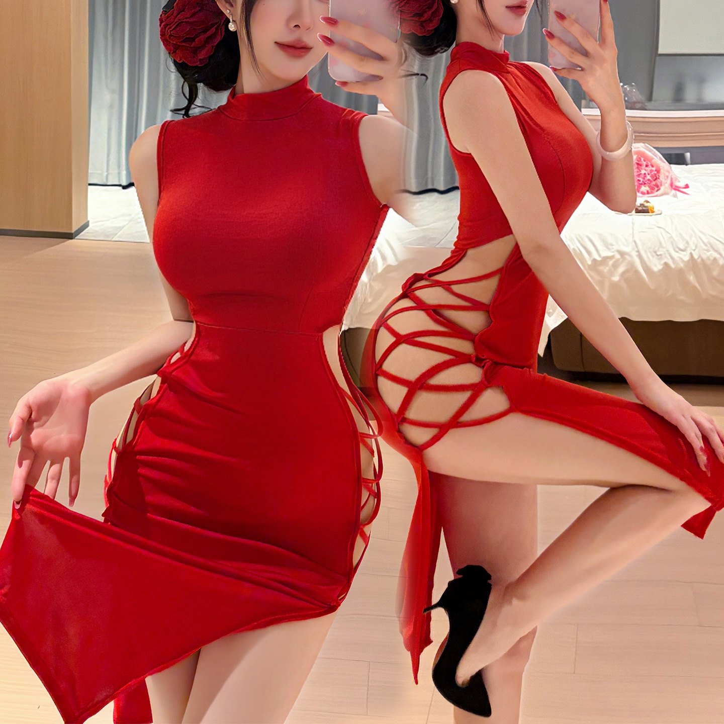 改良旗袍无袖背心款高开叉系带欧装时尚小胸显大弹力睡衣居家睡裙