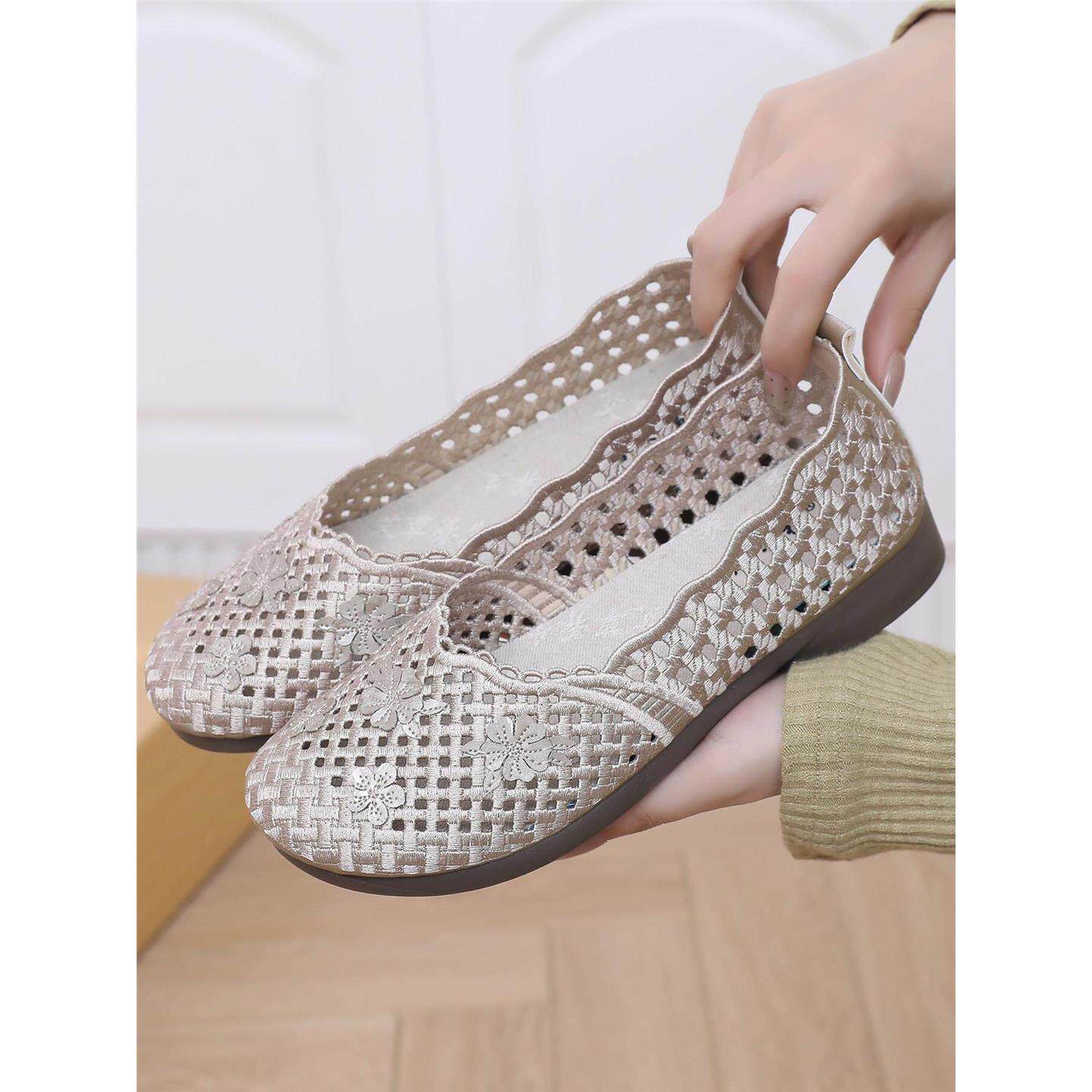 老北京布鞋夏季女款网鞋时尚休闲平底妈妈鞋镂空中老年网面软底鞋