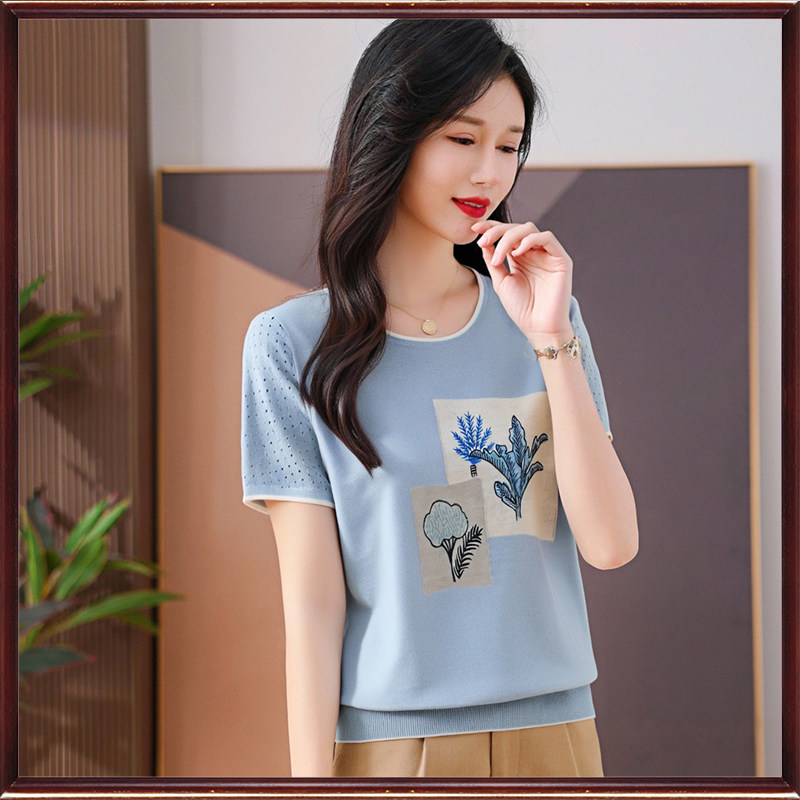 鼎成麻业专柜夏季薄款 文艺休闲亚麻针织衫绣花短袖圆领T恤女8183
