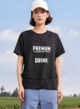 拓谷潮牌夏季机能工装风宽松镂空网纱背心两件套短袖t恤女30584