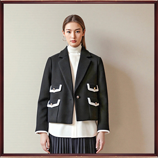 正品朗斯莉秋冬断码折扣 黑色长袖羊毛气质小香风短外套女043