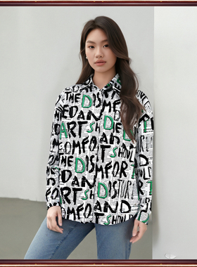 专柜拓谷潮牌春秋 中长款宽松时尚字母印花休闲长袖衬衫女30781