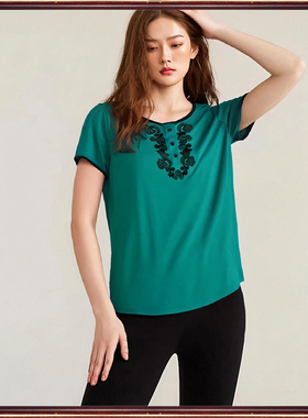 欧之琴尚来专柜夏季断码折扣纯棉锈花修身短袖圆领T恤女66307