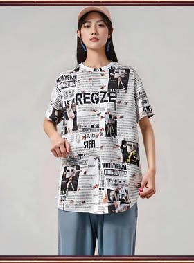 拓谷潮牌折扣夏季纯棉报纸印花休闲宽松大码圆领短袖T恤女40873
