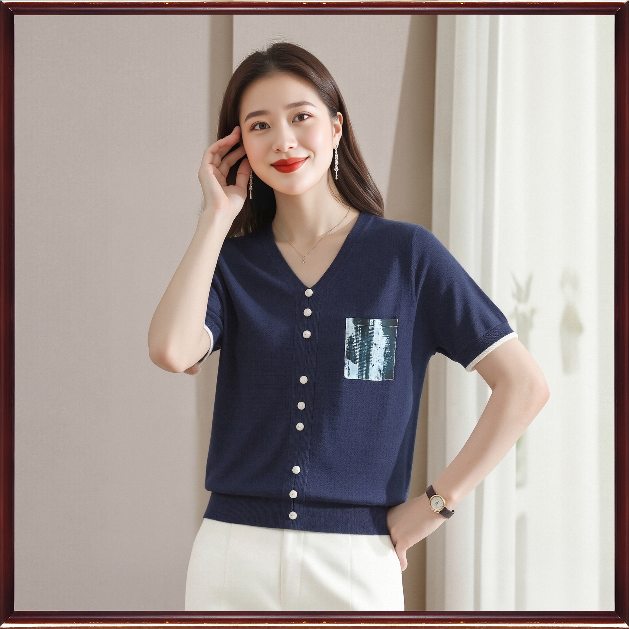 鼎成麻业2026夏季休闲文艺套头亚麻针织衫百搭V领短袖T恤女8330