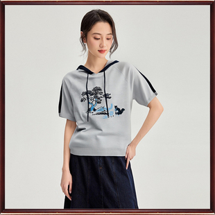 连帽T恤女8062 绣花短袖 鼎成麻业2025年夏季 休闲文艺亚麻针织衫