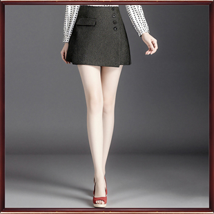 专柜朗斯莉秋冬断码折扣设计感灰色绵羊毛显瘦A字半身短裙女098