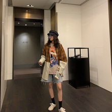 外套 复古港味宽松上衣韩版 女2019新款 中长款 长袖 秋季 拼接格子衬衫