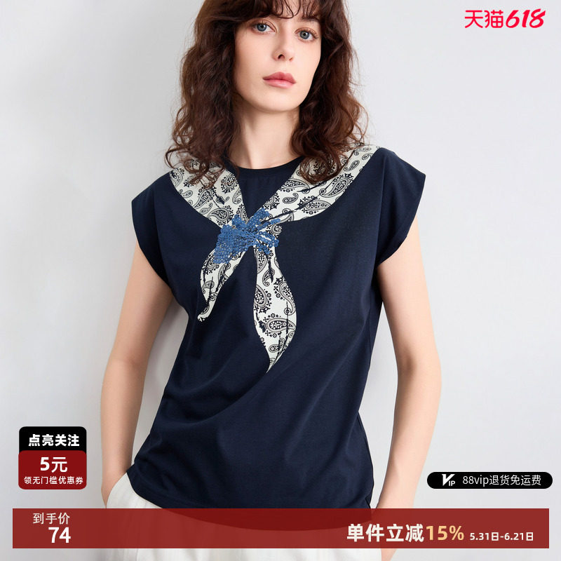 德玛纳复古风印花领结圆领T恤女26夏季新款宽松舒适简约休闲上衣