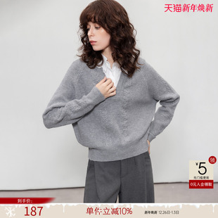 上衣 撞色翻领小个子针织衫 德玛纳高智感通勤拼接线衫 女春秋新款