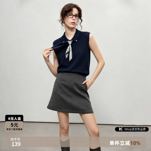德玛纳印花丝巾装饰翻领针织衫女26夏季新款宽松无袖通勤线衫上衣