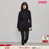 德玛纳气质通勤半拉链立领卫衣女春秋新款 舒适宽松腰带休闲上衣