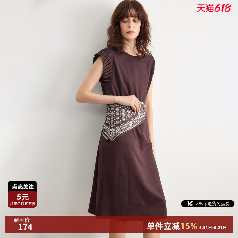 德玛纳优雅含丝巾圆领连衣裙女26夏季新款拼接褶皱无袖宽松中长裙