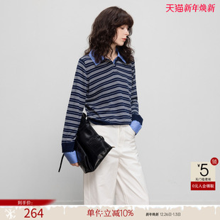 上衣 拼接翻领气质针织衫 德玛纳高智感假两件条纹线衫 女春秋新款