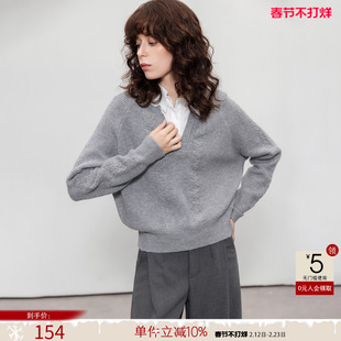 德玛纳高智感通勤拼接针织衫女春秋新款撞色翻领小个子线衫上衣