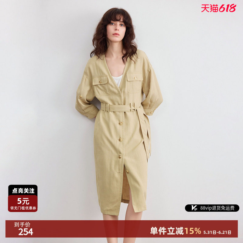 德玛纳轻熟风V领风衣式连衣裙女26夏季新款五分袖系带收腰中长裙