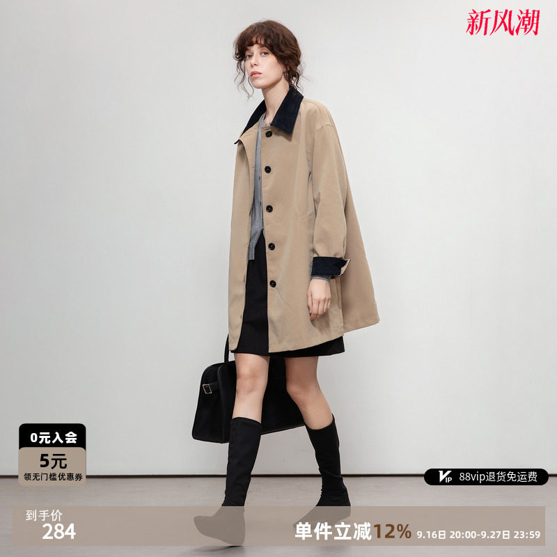 德玛纳复古风撞色翻领风衣外套女春秋新款通勤小个子中长款上衣图片