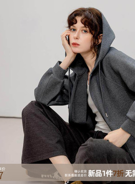 德玛纳休闲卫衣开衫外套26新款小个子简约插肩袖宽松运动连帽上衣