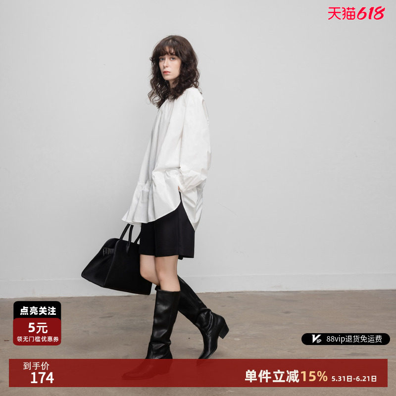 德玛纳极简通勤圆领娃娃衫女春秋新款拼接荷叶边中长款衬衣上衣