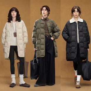 针织拼接简约保暖外套 羽绒服女25冬季 德玛纳轻暖90鸭绒中长款 大码