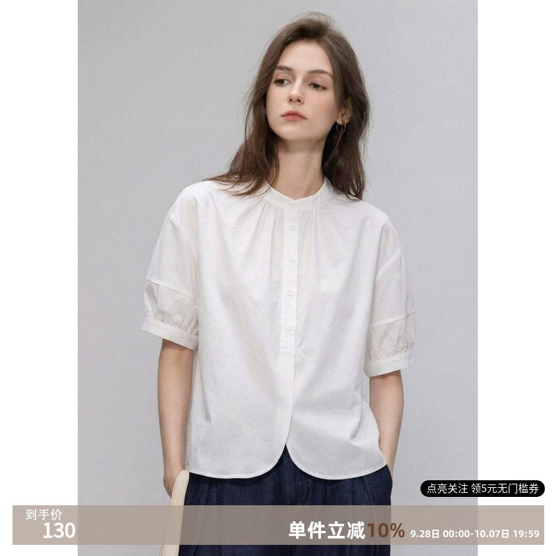 纯棉白色立领泡泡袖显瘦女衬衫图片