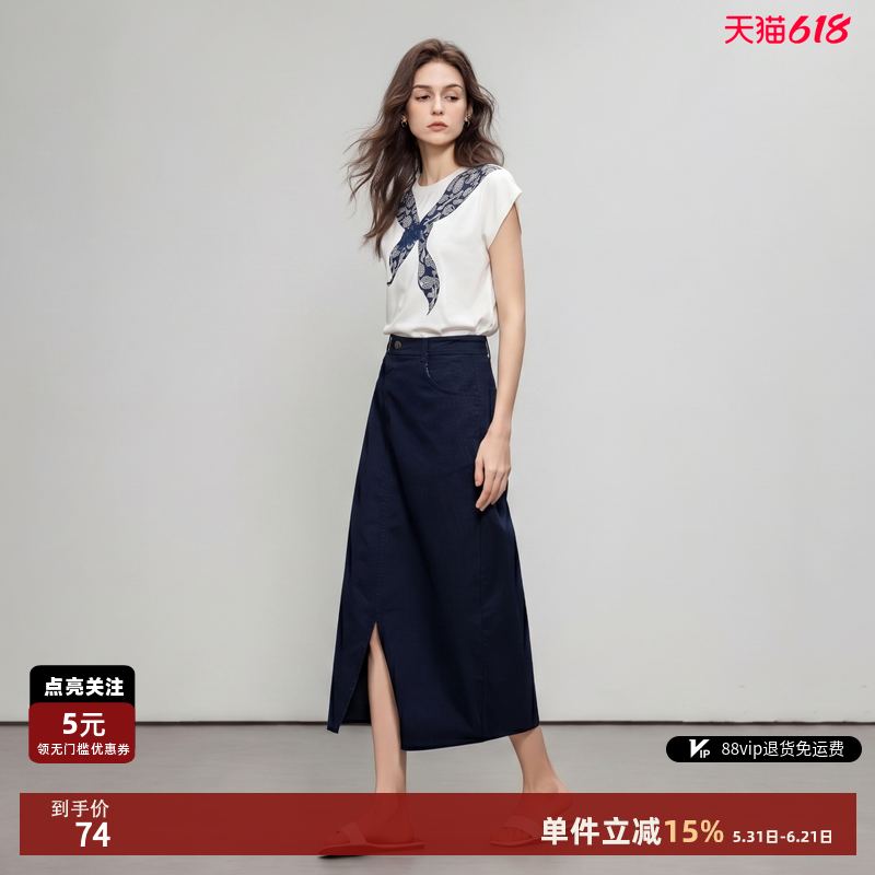 德玛纳复古风印花领结圆领T恤女26夏季新款宽松舒适简约休闲上衣