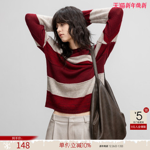 慵懒软糯宽松线衫 新款 上衣 女25冬季 德玛纳复古风撞色宽条纹针织衫
