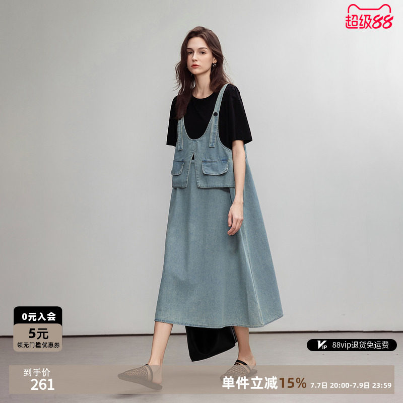 德玛纳假两件拼接牛仔连衣裙女26夏季新款舒适圆领慵懒休闲中长裙