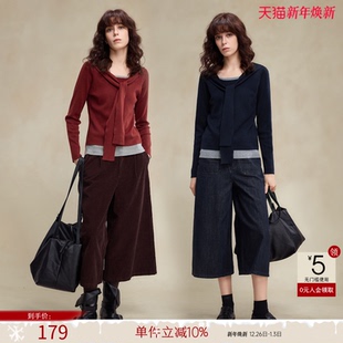 撞色圆领气质小个子线衫 新款 女26春季 德玛纳假两件披肩拼接针织衫