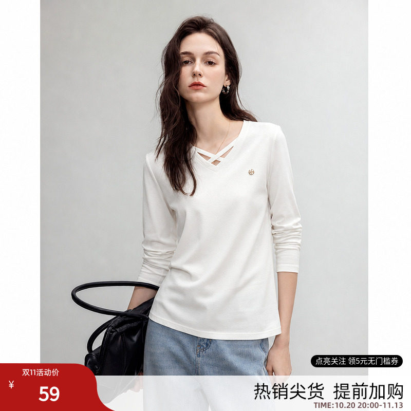 德玛纳舒弹棉氨V领设计感T恤女26秋季新款显瘦小个子时尚长袖上衣
