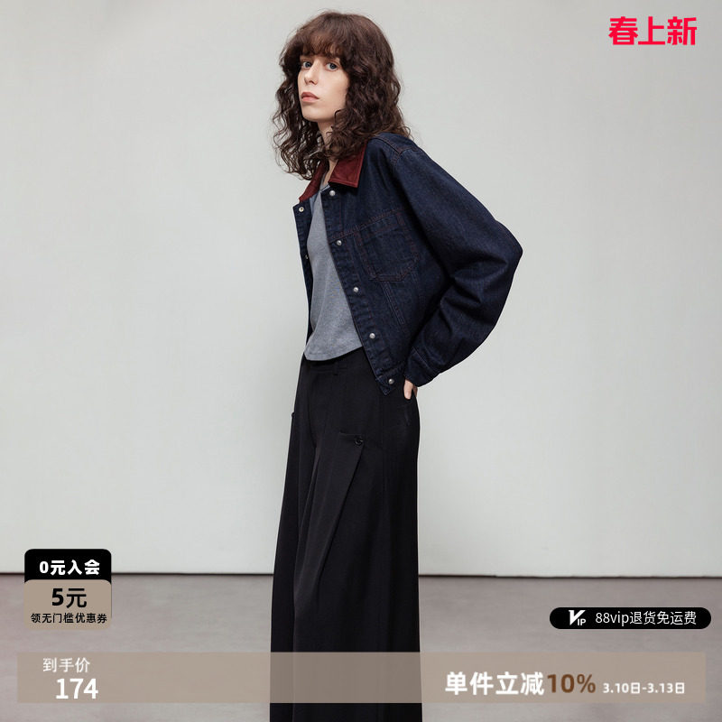 德玛纳复古风麂皮绒翻领牛仔外套女春秋新款四合扣短款夹克上衣