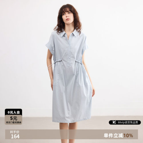 德玛纳夏季翻领抽绳宽松连衣裙