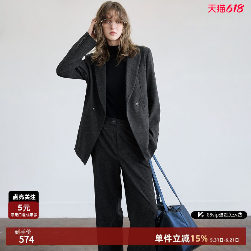 德玛纳商务通勤西服套装女26春秋新款垫肩收腰西装气质西裤两件套
