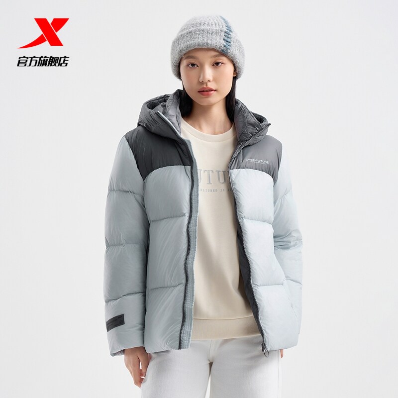 特步拼色羽绒服女款秋冬季新款加绒加厚保暖上衣外套976428190347