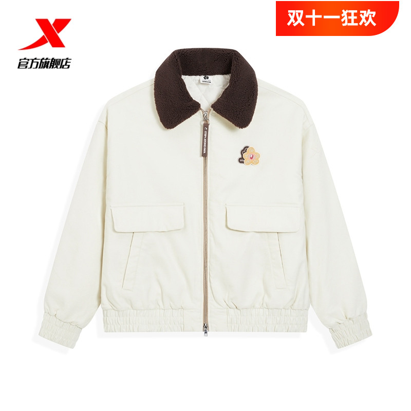 特步毛领夹克式棉衣女士2025秋冬新品正品棉服女保暖防寒薄棉外套