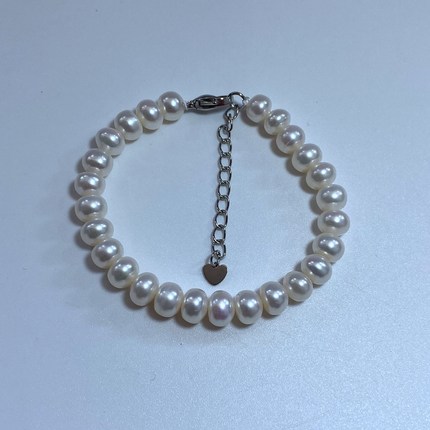 7-8mm天然白色扁圆淡水珍珠手链可调节手串女款无核珠