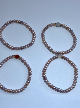 5-6mm天然粉色紫色扁圆淡水珍珠弹力绳手链糖果色松紧款手串首饰