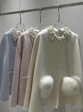 新款带千金斗篷2.0狐狸毛羊毛双面尼大衣气质名媛毛呢外套