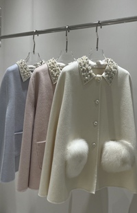 新款 带千金斗篷2.0狐狸毛羊毛双面尼大衣气质名媛毛呢外套