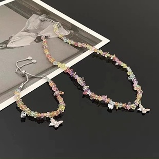 小清新甜美风彩色碎石蝴蝶项链女小众百搭时尚 夏季 气质锁骨链