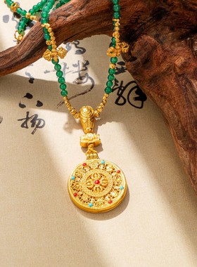 古法久不掉色金色福运吉祥八宝罗盘金珠项链新中式转运珠毛衣链女