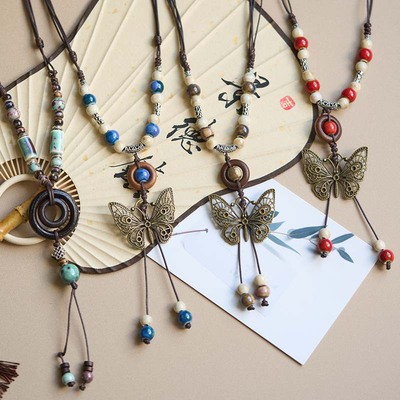 文创景德镇陶瓷项链蝴蝶文艺饰品国风文艺新中式手工编织项饰